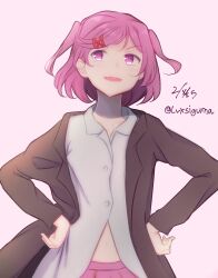 Rule 34 | 1girl, :d, artist name, black jacket, bob cut, breasts, collarbone, commentary, dated, doki doki literature club, dress shirt, fang, hair ornament, hair ribbon, hands on own hips, highres, jacket, leguma, long sleeves, looking afar, looking to the side, looking up, midriff, midriff peek, natsuki (doki doki literature club), navel, open clothes, open jacket, open mouth, partially unbuttoned, pink background, pink eyes, pink hair, pink skirt, pleated skirt, red ribbon, ribbon, shirt, short hair, simple background, skirt, small breasts, smile, solo, standing, suit jacket, swept bangs, twitter username, two side up, upper body, v-shaped eyebrows, white shirt, x hair ornament