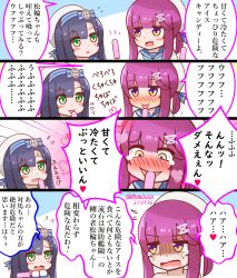 Rule 34 | 2girls, black hair, bloodshot eyes, blush, comic, commentary request, dated, flying sweatdrops, food, green eyes, hat, kantai collection, licking, matsuwa (kancolle), mitchell (dynxcb25), multiple girls, popsicle, purple eyes, purple hair, sailor hat, school uniform, serafuku, tears, tongue, tongue out, translation request, tsushima (kancolle), twitter username