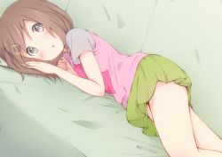 Rule 34 | 1girl, :o, bad id, bad pixiv id, brown eyes, brown hair, casual, chm (macharge), couch, hair ornament, hairclip, hirasawa yui, k-on!, lying, on side, short hair, skirt, solo, sweater vest
