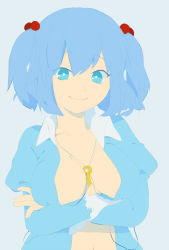 Rule 34 | 1girl, bad id, bad pixiv id, blue eyes, blue hair, breasts, crossed arms, female focus, flat color, hair bobbles, hair ornament, kawashiro nitori, key, large breasts, matching hair/eyes, navel, no bra, open clothes, open shirt, shirt, short hair, simple background, sitting, smile, solo, tori (otori), tori (tr010), touhou, twintails, two side up, upper body