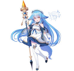 Rule 34 | 1girl, absurdres, animal ears, bad id, bad pixiv id, bare shoulders, blue hair, boots, clothing cutout, dress, fang, full body, gloves, high heels, highres, holding, holding polearm, holding spear, holding weapon, long hair, looking at viewer, original, parted lips, polearm, shichigatsu, short dress, shoulder cutout, simple background, solo, spear, standing, standing on one leg, tail, thigh boots, thighhighs, very long hair, weapon, white background, white dress, white gloves, white thighhighs, yellow eyes
