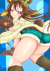 Rule 34 | 1girl, absurdres, animal ears, animal hands, animal hood, aqua eyes, artist name, artist request, bare legs, bare shoulders, bear ears, bear tail, blue eyes, blush, bow, breasts, brown bow, brown dress, brown hair, brown jacket, brown legwear, brown sweater, clothing cutout, collarbone, dress, exciting animal (love live!), female focus, floating hair, flower, frilled dress, frills, from behind, fur-trimmed pants, fur-trimmed shorts, fur trim, gloves, green pants, green shorts, hair between eyes, half-closed eyes, highres, hood, hooded jacket, hooded sweater, jacket, kneeling, light brown jacket, light brown sweater, long hair, long sleeves, looking at viewer, looking back, love live!, love live! nijigasaki high school idol club, love live! school idol festival, love live! school idol festival all stars, osaka shizuku, pants, parted lips, paw gloves, polka dot, polka dot bow, polka dot legwear, ponytail, ribbon, short pants, short shorts, short sleeves, shorts, shoulder cutout, sitting, smile, solo, spotlight, sweater, tail, wavy hair, white bow, white flower, yellow ribbon