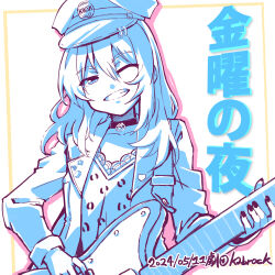 Rule 34 | 1girl, absurdres, collar, commentary request, dated, electric guitar, gekidan kabrock, girls band cry, grin, guitar, hat, highres, instrument, jacket, kawaragi momoka, limited palette, long sleeves, looking at viewer, nail polish, one eye closed, open clothes, open jacket, playing guitar, shirt, smile, solo, translation request, upper body