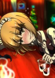 Rule 34 | 1girl, bar (place), bartender, blonde hair, blunt bangs, blurry, blurry background, blurry foreground, blush, bob cut, brown eyes, brown vest, christmas tree, cup, cutlass (girls und panzer), depth of field, dress shirt, drinking glass, drunk, girls und panzer, gloves, indoors, key (gaigaigai123), leaning forward, long sleeves, looking at viewer, maid headdress, open collar, open mouth, shirt, short hair, smile, solo, squeans, sweat, vest, white gloves, white shirt, wing collar