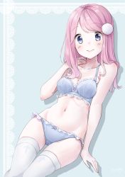 Rule 34 | 1girl, 3:, blue bra, blue eyes, blue panties, blush, bow, bow bra, bow panties, bra, breasts, closed mouth, collarbone, frilled bra, frilled panties, frills, groin, hand up, highres, kinako (shiratama mochi), lingerie, long hair, looking at viewer, navel, original, panties, pink hair, small breasts, solo, swept bangs, tareme, thighhighs, thighs, underwear, underwear only, white thighhighs