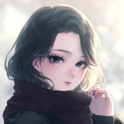 Rule 34 | 1girl, black eyes, black hair, black nails, closed mouth, cold, cropped, fingernails, long hair, looking at viewer, mole, mole under eye, nail polish, ohagi (ymnky), original, scarf, signature, solo, winter clothes