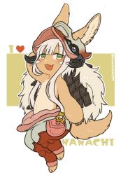 Rule 34 | 1other, animal ears, artist name, bad id, bad twitter id, blush, character name, full body, furry, green eyes, heart, kawasemi27, looking at viewer, made in abyss, nanachi (made in abyss), open mouth, short hair with long locks, smile, twitter username, white hair