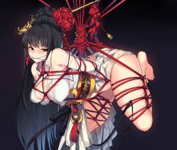 Rule 34 | 1girl, arms behind back, barefoot, black eyes, black hair, blush, bound, cleave gag, cloth gag, dress, dungeon and fighter, female priest (dungeon and fighter), flower, gag, gagged, hair flower, hair ornament, hairpin, highres, improvised gag, japanese clothes, long hair, mendou kusai, miko, red flower, red rose, rose, shaman (dungeon and fighter), shibari, solo, suspension, white dress
