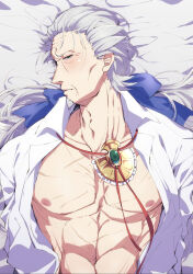Rule 34 | #compass, 1boy, abs, blue ribbon, blush, brooch, collarbone, dress shirt, facial hair, goatee, green eyes, hair ribbon, hair slicked back, half-closed eyes, highres, jewelry, lying, male focus, nipples, old, old man, on back, open clothes, open shirt, pectorals, ponytail, red ribbon, ribbon, scar, scar on chest, scar on stomach, shirt, tamagokake shio, thomas (#compass), white hair, white shirt