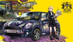 Rule 34 | 1girl, animal ears, arknights, black footwear, black jacket, black skirt, blonde hair, boots, bouquet, car, choker, commentary, english commentary, flower, hair ornament, highres, holding, holding bouquet, jacket, kneehighs, lion ears, lion girl, lion tail, long hair, long sleeves, looking at watch, matsuura kagami, mini cooper, mirror (matsuura kagami), mixed-language commentary, motor vehicle, original, shirt, skirt, socks, solo, standing, star (symbol), star hair ornament, tail, watch, white shirt, wristwatch, yellow background