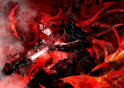 Rule 34 | 1boy, abstract background, arm up, armor, black armor, chinese commentary, commentary request, facial mark, fire, forehead mark, highres, long hair, looking at object, lord of the mysteries, medici (lord of the mysteries), parted lips, red eyes, red hair, red theme, ruki0728, shaded face, solo, stab, sword, tattoo, teeth, weapon, wind