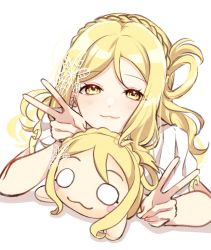 Rule 34 | 1girl, :3, blonde hair, braid, crown braid, double v, hair ornament, hair rings, highres, looking at viewer, love live!, love live! sunshine!!, nesoberi, nky4321, ohara mari, simple background, solo, stuffed toy, swept bangs, upper body, v, white background, yellow eyes