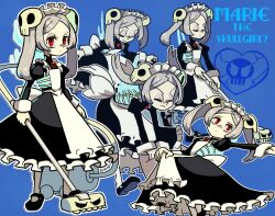 Rule 34 | 1girl, apron, black dress, bloody marie (skullgirls), blue background, blue fire, character name, character sheet, copyright name, dancing, dress, english text, fire, frilled dress, frills, full body, grey hair, hair ornament, highres, holding, holding vacuum cleaner, kuroirozuki, long sleeves, looking at viewer, maid, maid apron, maid headdress, mary janes, multiple views, red eyes, ribs, shoes, skull, skull hair ornament, skullgirls, socks, standing, twintails, vacuum cleaner, white socks