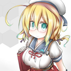 Rule 34 | 1girl, badge, blonde hair, blue sailor collar, book, commentary request, cosplay, dolphin, glasses, gloves, green eyes, hat, hip vent, honeycomb (pattern), honeycomb background, i-8 (kancolle), kantai collection, looking at viewer, low twintails, mikura (kancolle) (cosplay), mikura (kancolle), ouno (nounai disintegration), peaked cap, pleated skirt, puffy short sleeves, puffy sleeves, red-framed eyewear, red skirt, sailor collar, sailor shirt, semi-rimless eyewear, shirt, short sleeves, skirt, solo, twintails, under-rim eyewear, undershirt, upper body, white background, white gloves, white shirt
