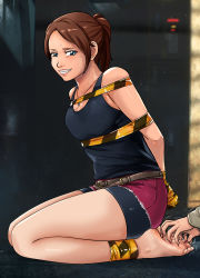 Rule 34 | 1girl, barefoot, bike shorts, black tank top, blue eyes, bound, bound ankles, bound torso, bound wrists, breasts, brown hair, capcom, claire redfield, feet, highres, jewelry, legs, looking down, lost one zero, medium breasts, nail polish, necklace, resident evil, resident evil 2, seiza, shirt, shorts, sitting, sleeveless, sleeveless shirt, smile, tank top, tape, thighs, tickling