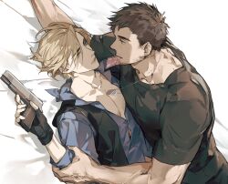 Rule 34 | 2boys, bara, beard, chris redfield, condom, condom in mouth, e (h798602056), eye contact, facial hair, gun, highres, holding, holding gun, holding weapon, leon s. kennedy, looking at another, lying, male focus, mouth hold, multiple boys, muscular, muscular male, on back, on bed, pectoral cleavage, pectorals, resident evil, resident evil 6, short hair, sideburns, stubble, thick eyebrows, veins, veiny arms, weapon, yaoi