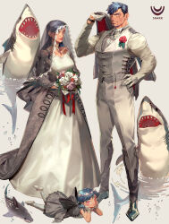 Rule 34 | 1boy, 2girls, absurdres, blue hair, bouquet, child, dress, earrings, facial hair, family, father and daughter, flower, formal, gloves, great white shark, grey jacket, hair ornament, hands on own face, head wreath, highres, holding, holding bouquet, holding clothes, holding jacket, jacket, jewelry, lipstick, long hair, long sleeves, looking at viewer, lying, makeup, mature female, mature male, mother and daughter, multiple girls, muscular, muscular male, necklace, necktie, original, pants, pink eyes, purple flower, purple rose, red lips, robe, rose, scar, scar across eye, shark, short hair, smile, suit, tattoo, ueno kishi, veil, watch, wedding, wedding dress, white background, white flower, white footwear, white gloves, white necktie, white pants, white robe, white rose, white suit, wristwatch