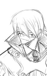 Rule 34 | 1boy, blazblue, blindfold, cape, greyscale, male focus, mask, monochrome, mori toshimichi, necktie, relius clover, sketch, solo, aged down