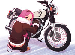 Rule 34 | 1girl, alternate costume, bag, belt, blue eyes, breasts, breath, brown gloves, butt crack, cold, commentary request, covered mouth, denim, from behind, fur-trimmed jacket, fur-trimmed sleeves, fur trim, gloves, hairband, hand up, handbag, honda sr400, jacket, jeans, long hair, looking at viewer, looking back, medium breasts, megurine luka, midriff peek, motor vehicle, motorcycle, orange footwear, panties, pants, panty peek, pantyslip, parted bangs, picogames off, pink hair, shoes, solo, squatting, underwear, vocaloid, white background, winter clothes, yamaha sr400