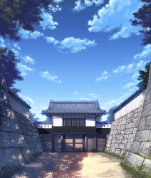Rule 34 | architecture, blue sky, cloud, day, east asian architecture, evening, gate, highres, mikamin, no humans, original, outdoors, scenery, sky, stone wall, tree, tree shade, wall