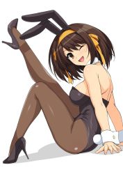 Rule 34 | 1girl, animal ears, arms behind back, bare shoulders, black footwear, black leotard, breasts, brown eyes, brown hair, detached collar, fake animal ears, from side, hair ribbon, hairband, haruhisky, high heels, highres, knee up, leg up, leotard, looking at viewer, medium hair, one eye closed, open mouth, pantyhose, playboy bunny, rabbit ears, rabbit tail, ribbon, shadow, shoulder blades, simple background, sitting, smile, solo, strapless, strapless leotard, suzumiya haruhi, suzumiya haruhi no yuuutsu, tail, thighs, tongue, yellow hairband, yellow ribbon