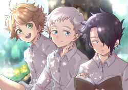 Rule 34 | 1girl, 2boys, black hair, blue eyes, book, closed mouth, collared shirt, commentary, emma (yakusoku no neverland), flat chest, green eyes, highres, holding, holding book, looking at another, multiple boys, neck tattoo, norman (yakusoku no neverland), number tattoo, open book, open mouth, orange hair, r1014-chopper, ray (yakusoku no neverland), reading, shirt, smile, tattoo, tree, white hair, white shirt, yakusoku no neverland