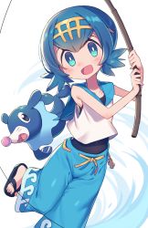 Rule 34 | 1girl, baggy pants, bare arms, blue eyes, blue hair, child, covered navel, creatures (company), feet, fishing rod, game freak, gen 7 pokemon, hair ornament, lana (pokemon), leg up, looking at viewer, matching hair/eyes, nintendo, one-piece swimsuit, open mouth, pants, pokemon, pokemon (creature), pokemon sm, popplio, short hair, simple background, sleeveless, slippers, smile, solo, swimsuit, swimsuit under clothes, tongue, wagashi928, water, white background