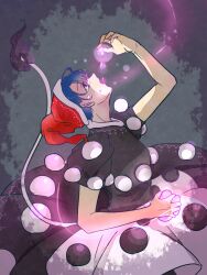 Rule 34 | 1girl, arm up, black dress, blob, blue hair, cow tail, doremy sweet, dream soul, dress, eating, floating liquid, glowing, hat, holding, looking up, nightcap, puffy short sleeves, puffy sleeves, r18ankou, short hair, short sleeves, solo, tail, tears, tongue, tongue out, touhou