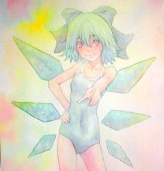 Rule 34 | 1girl, acrylic paint (medium), blue eyes, blue hair, bow, cirno, graphite (medium), hair bow, highres, ice, ice wings, lips, matching hair/eyes, one-piece swimsuit, painting (medium), pointing, pointing at viewer, school swimsuit, short hair, smile, solo, swimsuit, touhou, traditional media, watercolor (medium), wings, yuyu (00365676)