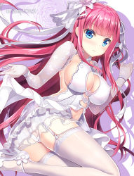 Rule 34 | 1girl, ass, blue eyes, blunt bangs, blush, breasts, bridal veil, bride, cameltoe, cleavage, closed mouth, covered erect nipples, dress, floral print, flower, fujima takuya, garter straps, gloves, go-toubun no hanayome, hair flower, hair ornament, hair ribbon, high heels, large breasts, long hair, looking at viewer, mary janes, nakano nino, navel, panties, red hair, ribbon, rose, see-through, shadow, shoes, sideboob, simple background, solo, strappy heels, thighhighs, twitter username, underwear, veil, very long hair, wedding dress, white background, white dress, white flower, white footwear, white gloves, white panties, white ribbon, white rose, white thighhighs