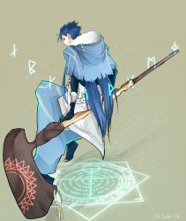 Rule 34 | 1boy, back, belt, blue hair, capelet, cu chulainn (caster) (fate), cu chulainn (fate), cu chulainn (fate/stay night), earrings, fate/grand order, fate (series), floating, from behind, full body, fur-trimmed hood, fur trim, hood, hood down, hooded capelet, jewelry, long hair, looking at viewer, looking back, magic circle, male focus, red eyes, runes, sabo ch, smile, solo, spiked hair, staff, staff riding, type-moon, vambraces, wooden staff