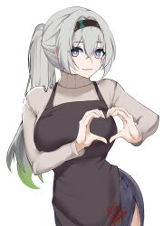 Rule 34 | 1girl, absurdres, alternate costume, apron, black apron, black hairband, breasts, commentary, cowboy shot, firefly (honkai: star rail), grey hair, grey sweater, hairband, heart, heart hands, highres, honkai: star rail, honkai (series), kagurachi, large breasts, long hair, looking at viewer, ponytail, purple eyes, smile, solo, standing, sweater, turtleneck, turtleneck sweater