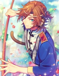 Rule 34 | 1boy, animal ears, blue eyes, blurry, blurry background, brown hair, chiyu (silverxxxx), closed mouth, commentary request, dated, ensemble stars!, flower, happy birthday, holding, holding weapon, long sleeves, looking at viewer, male focus, mandarin collar, medium hair, mikejima madara, monkey boy, monkey ears, monkey tail, outdoors, sleeves past elbows, solo, tail, upper body, weapon