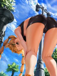 Rule 34 | 1girl, ass, bent over, bike shorts, black shorts, black sports bra, black survival, blonde hair, blue sky, braid, day, from behind, green eyes, letdie1414, long hair, looking at viewer, looking back, nicky blake, outdoors, shiny clothes, shiny skin, shorts, sky, solo, sports bra, standing, sweat