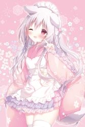 Rule 34 | 1girl, ;d, animal ears, apron, blush, commentary request, dog ears, dog girl, dog tail, floral background, frilled apron, frilled sleeves, frills, grey hair, hair between eyes, hand up, highres, japanese clothes, kimono, long sleeves, looking at viewer, maid, maid apron, maid headdress, one eye closed, open mouth, original, pink background, pink kimono, pleated skirt, purple skirt, red eyes, shiratama (shiratamaco), simple background, skirt, sleeves past wrists, smile, solo, tail, thighhighs, wa maid, white apron, white thighhighs, wide sleeves