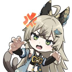 Rule 34 | 1girl, anger vein, animal ears, bell, black hair, blush, cat ears, cat girl, cat tail, chibi, commentary, detached sleeves, english commentary, fang, genshin impact, green eyes, grey hair, hair ornament, hairclip, highres, japanese clothes, kekek, kirara (genshin impact), long hair, looking at viewer, multicolored hair, multiple tails, open mouth, simple background, solo, tail, tassel, white background