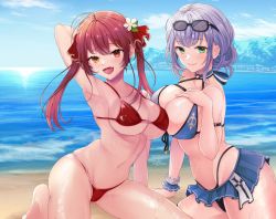 Rule 34 | 2girls, absurdres, arm up, armpits, beach, bikini, blush, breasts, cleavage, commentary request, eyewear on head, green eyes, hair ribbon, heterochromia, highres, hololive, houshou marine, huge filesize, large breasts, long hair, looking at viewer, mojimaru, multiple girls, navel, open mouth, outdoors, red eyes, red hair, ribbon, shiny skin, shirogane noel, shirogane noel (summer 2020), short hair, silver hair, smile, swimsuit, thighs, twintails, virtual youtuber, yellow eyes