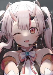 Rule 34 | 1girl, :d, absurdres, bare shoulders, blush, bow, bowtie, face, fangs, headset, highres, hololive, horns, idol, long hair, looking at viewer, multicolored hair, nakiri ayame, nonstop story, official alternate costume, one eye closed, oni, open mouth, red eyes, smile, solo, streaked hair, syhan, twintails, virtual youtuber, white bow, white bowtie, white hair