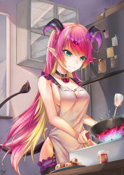 Rule 34 | 1girl, apron, asymmetrical horns, bare shoulders, blonde hair, blush, bow, breasts, choker, cleavage, cleavage cutout, clothing cutout, cooking, cup, demon girl, demon horns, dincat, drinking glass, fang, fang out, frilled thighhighs, frills, garter belt, garter straps, green eyes, hair between eyes, hair ornament, hololive, horns, long hair, mano aloe, medium breasts, multicolored hair, naked apron, pink hair, pointy ears, smile, solo, thighhighs, two-tone hair, uneven horns, virtual youtuber