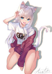 Rule 34 | 1girl, :d, absurdres, animal ear fluff, animal ears, bare legs, barefoot, blue eyes, cardigan, cat ears, cat girl, cat tail, chouchou (austin), claw pose, clothes down, fang, highres, long hair, long sleeves, looking at viewer, no pants, open mouth, original, partially unzipped, short sleeves, silver hair, sitting, sleeves past wrists, smile, tail