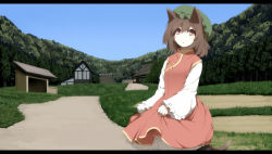 Rule 34 | 0000 (byoubyou), 1girl, animal ears, brown hair, cat ears, cat tail, chen, day, green hat, hat, letterboxed, multiple tails, red eyes, short hair, sky, solo, tail, touhou
