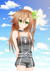Rule 34 | 10s, 1girl, absurdres, bare shoulders, bow, brown hair, day, green eyes, hair bow, hair ornament, highres, if (neptunia), kyou (hibikit), long hair, looking at viewer, neptune (series), ribbon, side ponytail, sky, smile, solo