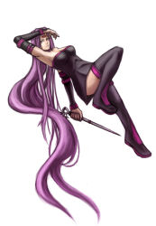 Rule 34 | 1girl, absurdly long hair, bad id, bare shoulders, black thighhighs, breasts, dress, elbow gloves, facial mark, fate/stay night, fate (series), gloves, large breasts, legs, long hair, long legs, matsutake umeo, medusa (fate), medusa (rider) (fate), purple eyes, purple hair, solo, strapless, strapless dress, tattoo, thighhighs, thighs, very long hair, weapon, zettai ryouiki