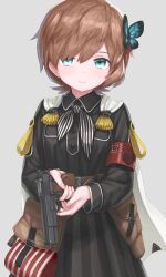 Rule 34 | armband, belt pouch, black ribbon, black shirt, black skirt, blue eyes, brown hair, browning hi-power, butterfly hair ornament, cape, closed mouth, girls&#039; frontline, grey background, griffin &amp; kryuger, gun, hair between eyes, hair ornament, handgun, hayashi naoharu, highres, holding, holding gun, holding weapon, holster, hp-35 (girls&#039; frontline), long sleeves, looking at viewer, pouch, red armband, ribbon, shirt, short hair, simple background, skirt, smile, striped clothes, striped ribbon, striped skirt, vertical-striped clothes, vertical-striped skirt, weapon, white cape