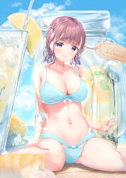 Rule 34 | 1girl, absurdres, aqua bra, aqua panties, bare arms, blue eyes, blue sky, blunt bangs, bra, braid, breasts, brown hair, cleavage, cloud, collarbone, commentary request, day, drinking straw, food, fruit, fujinomiya rio, glass, highres, large breasts, lemon, lingerie, navel, open mouth, original, outdoors, oversized object, panties, sitting, sky, solo, stomach, teeth, thighs, underwear, underwear only, upper teeth only, wariza