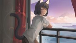 Rule 34 | against railing, animal ears, ass, black hair, butt crack, cat ears, cat girl, cat tail, fang, highres, non-web source, paintrfiend, purple sky, railing, short hair, sky, smile, solo, tail, yellow eyes