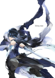 Rule 34 | 1boy, black footwear, black hair, black pants, blue jacket, d.gray-man, dual wielding, fighting stance, full body, grey scarf, highres, holding, holding sword, holding weapon, jacket, kanda yuu, long hair, long sleeves, looking to the side, male focus, pants, ponytail, scarf, sidelocks, solo, squatting, sword, tsukini shigure, weapon, white background