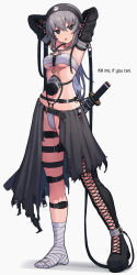 Rule 34 | 1girl, arms behind head, arms up, bad id, bad pixiv id, bandaged foot, bandaged leg, bandages, bandeau, belt, belt buckle, black belt, black footwear, black skirt, black sleeves, black thighhighs, boots, breasts, buckle, closed mouth, commentary, detached sleeves, english text, full body, grey background, grey eyes, grey hair, groin, highres, katana, long hair, long sleeves, looking at viewer, medium breasts, original, shadow, sheath, sheathed, simple background, single thigh boot, skirt, skull print, solo, standing, sword, thigh boots, thighhighs, tongue, tongue out, torn clothes, torn skirt, very long hair, weapon, white bandeau, wozora