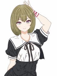 Rule 34 | 1girl, absurdres, arm behind back, arm up, assault lily, black ribbon, black skirt, blush, brown hair, closed mouth, commentary request, cropped jacket, green eyes, hand on own head, highres, looking at viewer, multicolored eyes, neck ribbon, pickles (picpicpickles), pleated skirt, puffy short sleeves, puffy sleeves, purple eyes, red ribbon, ribbon, school uniform, seike tomoyo, shirt, short hair, short sleeves, skirt, smile, solo, standing, underbust, upper body, white shirt, wrist ribbon, yurigaoka girls academy school uniform
