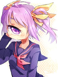 Rule 34 | 1girl, borrowed character, bow, closed mouth, cyclops, dated, hair bow, halftone, halftone background, hand in own hair, long sleeves, looking at viewer, medium hair, muroku (aimichiyo0526), neckerchief, one-eyed, orange bow, original, purple eyes, purple hair, purple sailor collar, purple serafuku, purple shirt, red neckerchief, sailor collar, school uniform, serafuku, shirt, signature, solo, twintails, upper body, x x